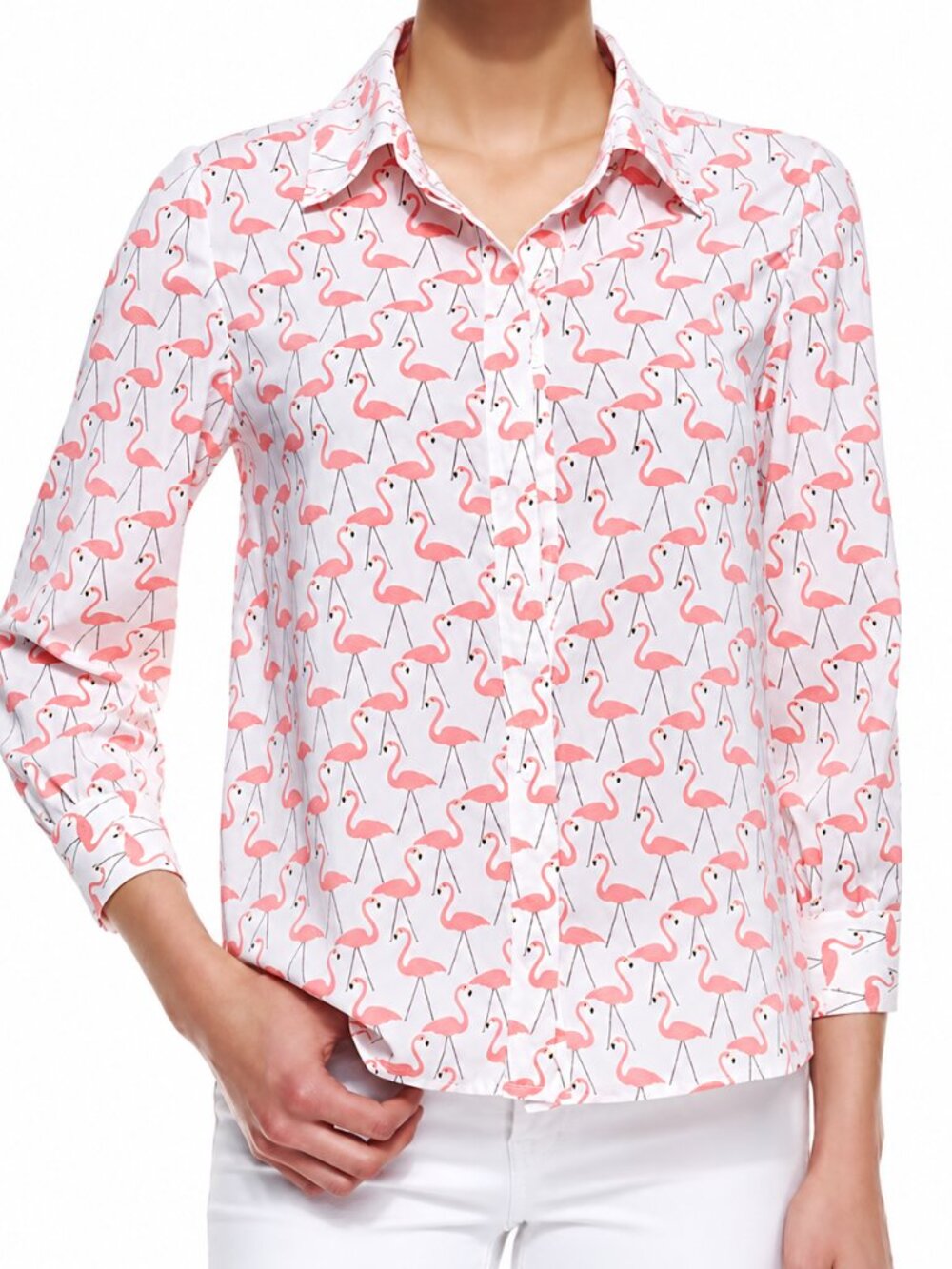 Alice + Olivia Willa Garden Flamingo Print Pink White Blouse Top Shirt Bird XS
